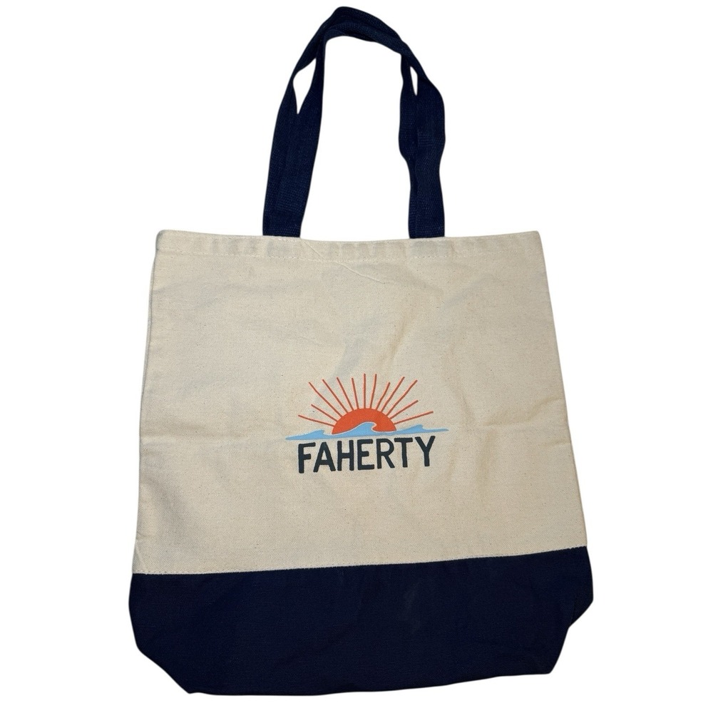 Faherty Earthpack Tote Bag Beige Navy Blue Double Handle Shopping Grocery
